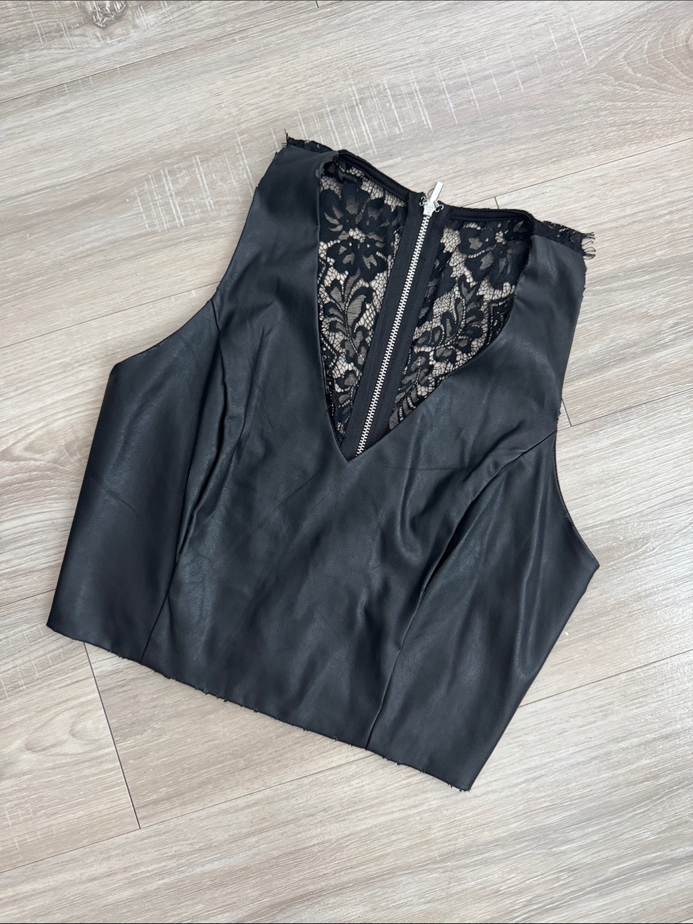 BEBE Black Faux Leather Crop Top with Lace Back, S